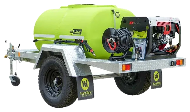 A trailer mounted pressure washing unit with a water tank, hose reel and petrol pump, representative of the model in the fleet
